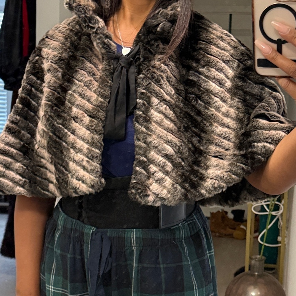Alex Marie Striped Faux Fur Cape - Black and Cream